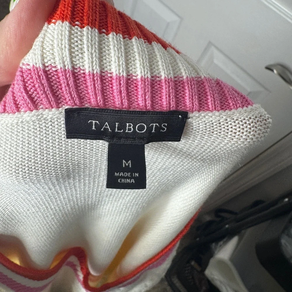 TALBOTS Cable Knit Cream Varsity Sweater Red Pink Stripes‎ Academia Size M